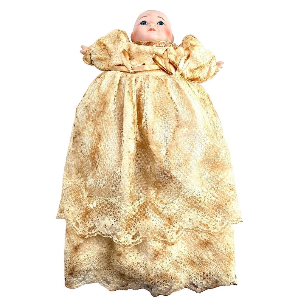 Antique Unmarked Bisque Baby Doll 14" Blue Glass Eyes Cloth Body Lace Gown 1900s